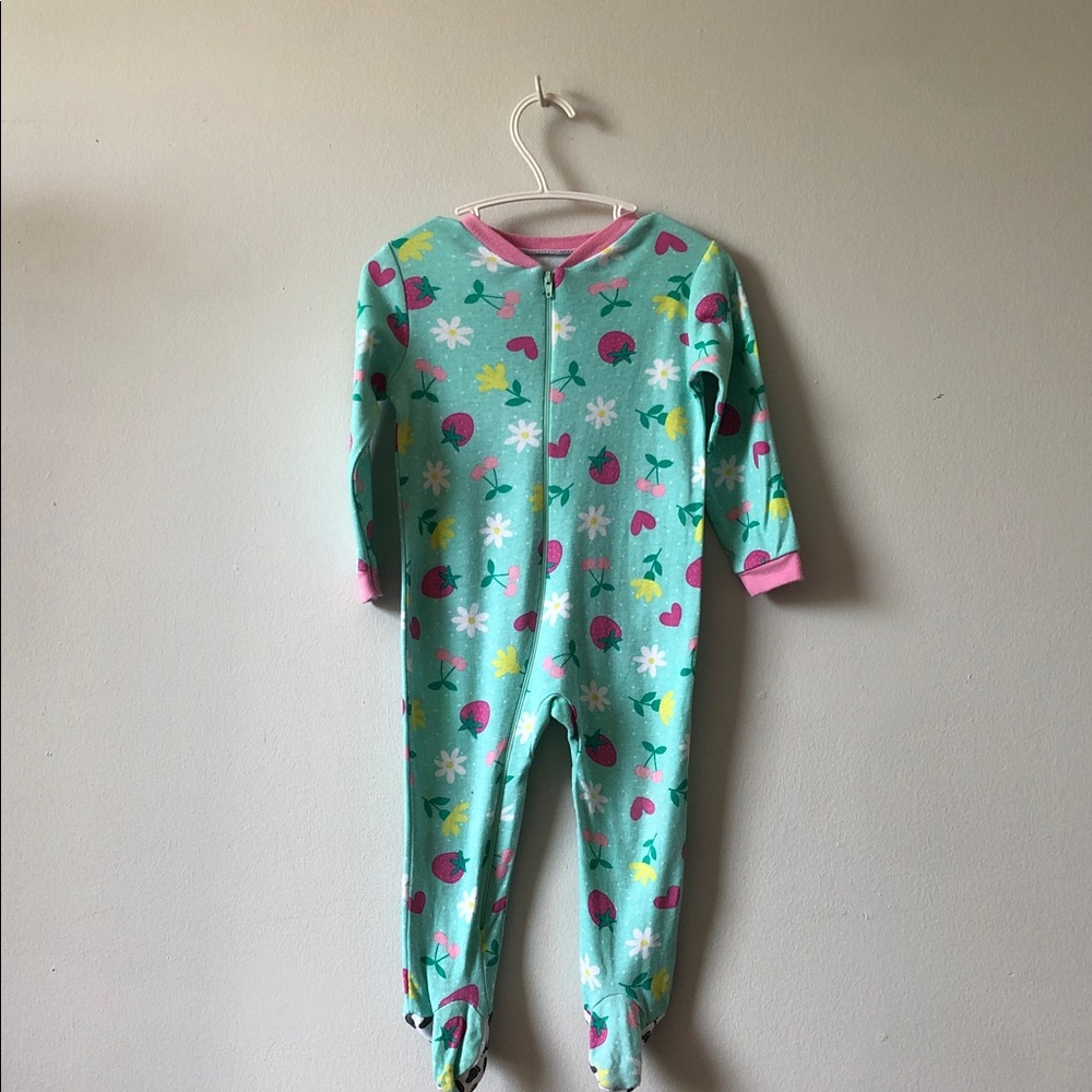 Aqua Floral & Heart Footed One-Piece with Pink Trim
